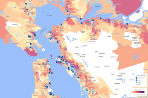A map of hazardous sites at risk of coastal flooding in the San Francisco Bay Area, generated by the new coastal risk screening tool available on the Climate Central website. The colored overlay indicates the poverty level of nearby communities. (Image courtesy Climate Central)