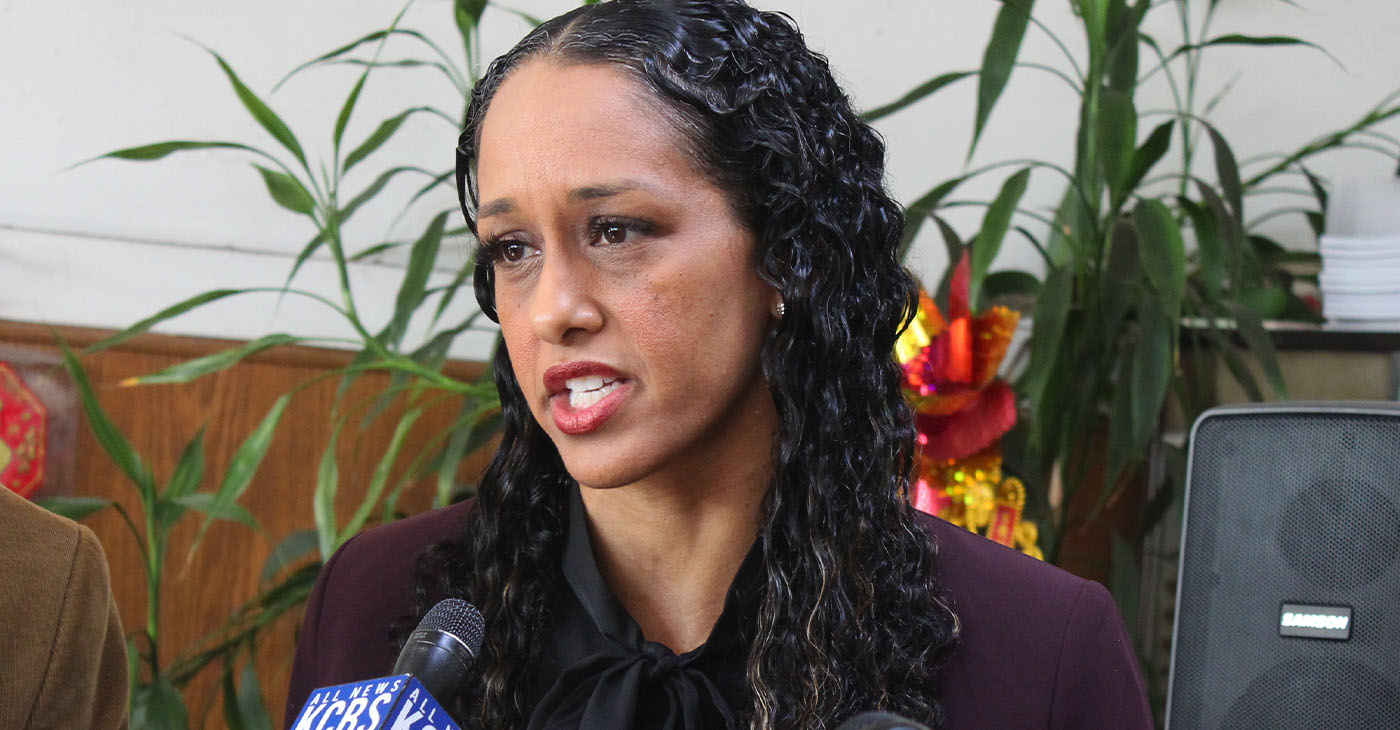 San Francisco District Attorney Brooke Jenkins answers questions following a press conference in San Francisco’s Chinatown on Oct. 20, 2022. (Olivia Wynkoop / Bay City News)