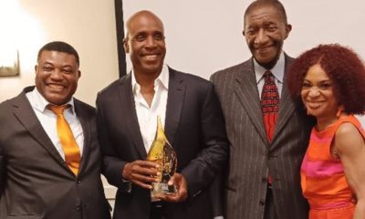 Barry Bonds, baseball legend, second from left, received the Legacy in Branding award from the SFAACC at their 2023Juneteenth celebration. Dr. Matthew Ajiake, president, SFAACC, left, Frederick Jordan, board chairman, SFAACC, and Renel Brooks-Moon, "The Voice of the San Francisco Giants" (right). Photo by Ken Johnson, SFAACC