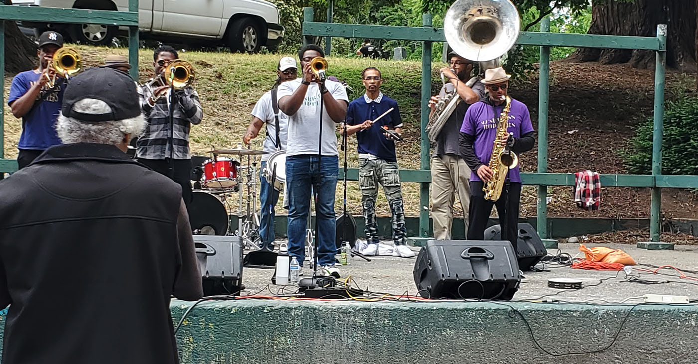 Brass Band MJ's Brass Boppers perform at the Compassion In Action - Concert for the Unhoused at Mosswood Park Amphitheater in Oakland. Photo By Carla Thomas
