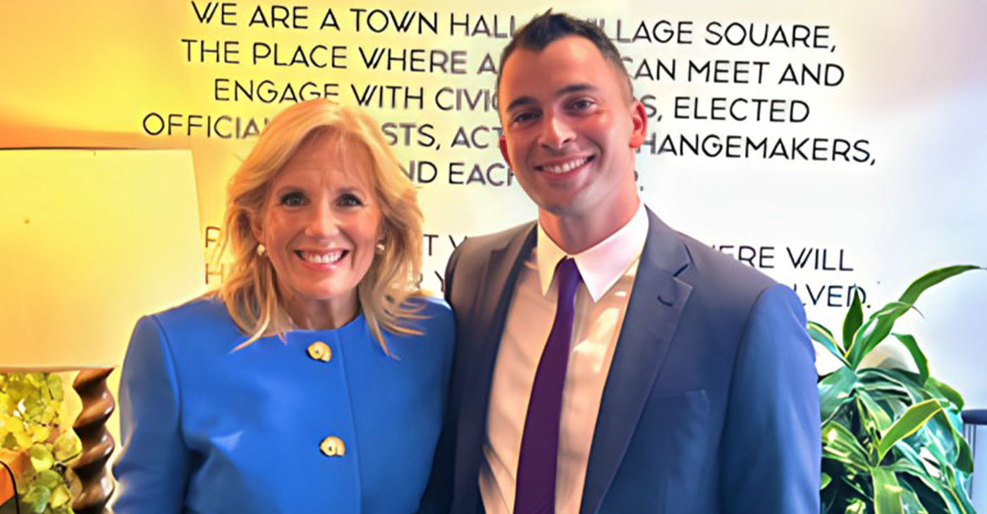 First Lady Dr. Jill Biden poses with Manny Yekutiel, founder of Manny’s, a community meeting and learning place in San Francisco where Biden was campaigning for her husband’s second term. Photo by Angelina Polselli.