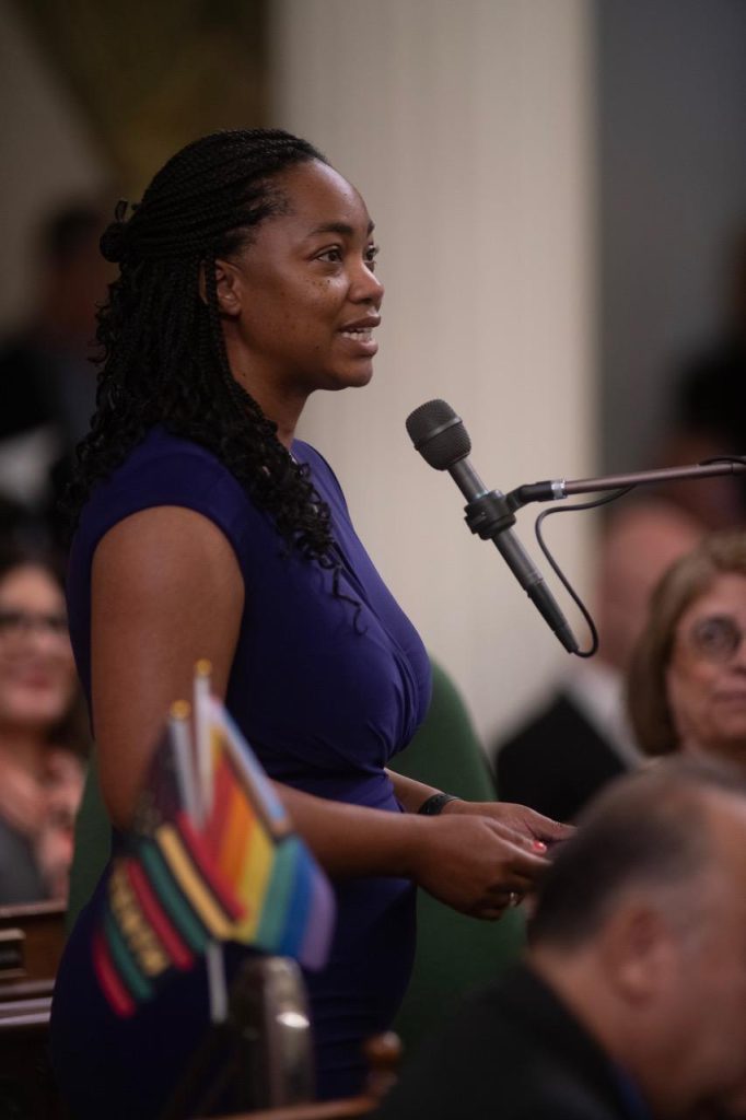 Assemblymember Akilah Weber (D-La Mesa) thanks Assembly Speaker Robert Rivas' wife, Christen, for being patient with him while he represents his community in the Assembly. CBM photo by Robert Maryland.