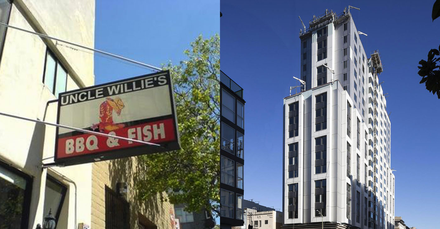 The 18-story development by the Marriott and developer Lew Wolff dwarfs Uncle Willie’s BBQ and Fish, as well as the street view of Uncle Willie’s BBQ and Fish on 14th Street in downtown Oakland. Post file photo.