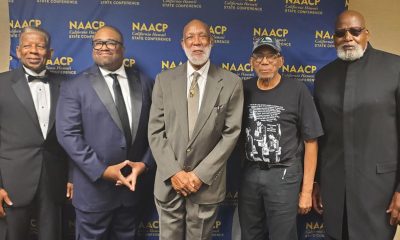 Shown left to right at the CA/HI NAACP Legacy Hall of Fame ceremony, Darrell Goode (received award for Dr. Tommie Smith), Rick Callendar (CA/HI NAACP president), Dr. John Carlos (Legacy Hall of Fame recipient), Dr. Kenneth Noel (Legacy Hall of Fame recipient), and Dr. Harry Edwards (Legacy Hall of Fame recipient). Dr. Tommie Smith, a gold medalist in the 1968 Olympics, could not attend the induction ceremony in Sacramento. June 24, 2023. CBM photo by Antonio Ray Harvey.