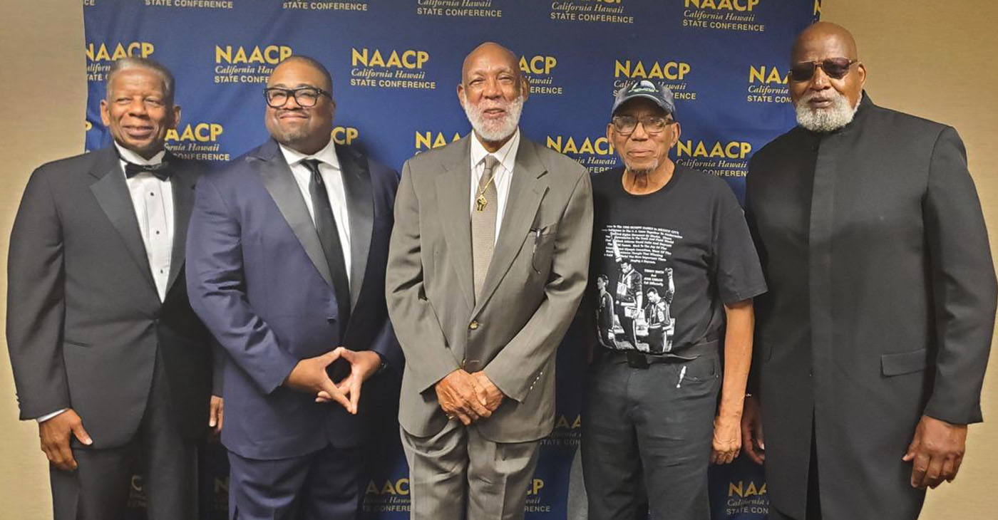 Shown left to right at the CA/HI NAACP Legacy Hall of Fame ceremony, Darrell Goode (received award for Dr. Tommie Smith), Rick Callendar (CA/HI NAACP president), Dr. John Carlos (Legacy Hall of Fame recipient), Dr. Kenneth Noel (Legacy Hall of Fame recipient), and Dr. Harry Edwards (Legacy Hall of Fame recipient). Dr. Tommie Smith, a gold medalist in the 1968 Olympics, could not attend the induction ceremony in Sacramento. June 24, 2023. CBM photo by Antonio Ray Harvey.