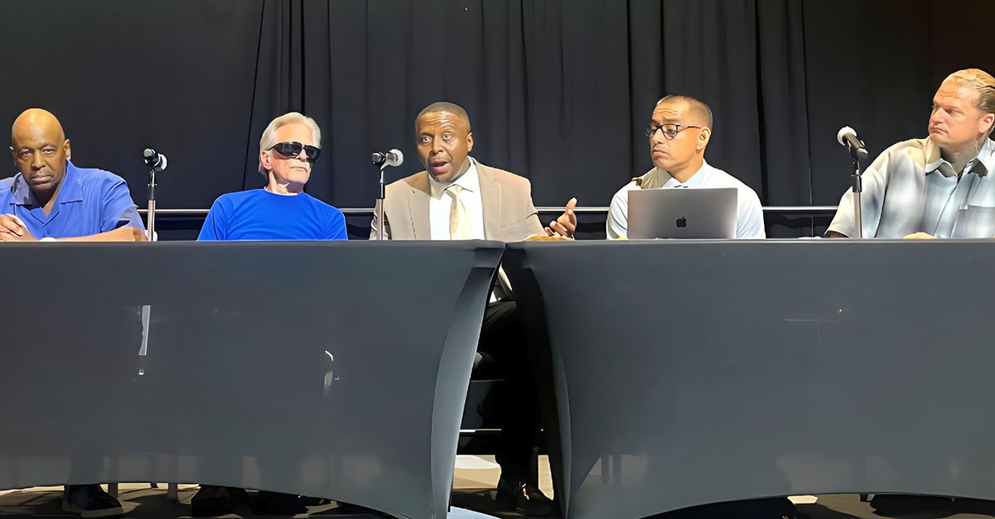 (l-r) Richard Johnson, Eddie Burnett, Jamala Taylor, George Villa, Ryan Flaco (Right side). Johnson and Burnett, coincidentally inhabited prison cells adjacent to each other. Now they are still side-by-side on the issue of the formerly incarcerated giving back to their communities. Photo by Jonathan Fitness Jones