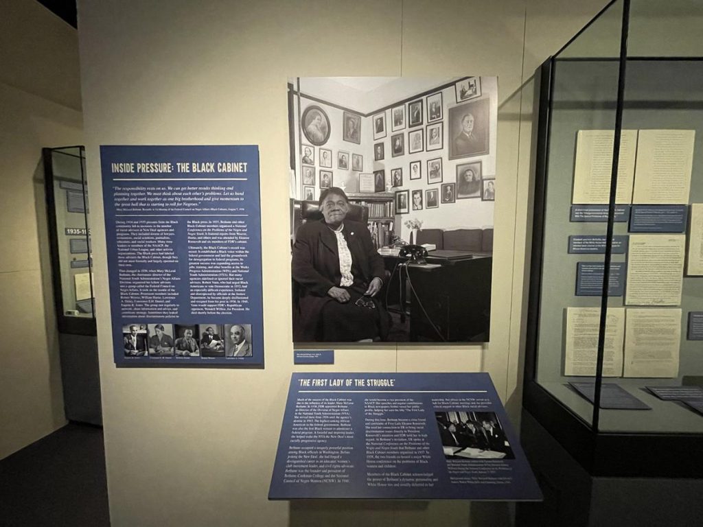 Records relating to educator, activist, writer, Presidential adviser, and the first Black woman to head a federal agency, Mary McLeod Bethune, on display in the new exhibit. Photo courtesy Clifford Laube.