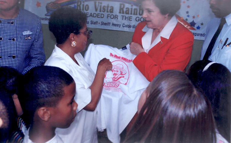 Senator Dianne Feinstein visited Westside Rio Vista Elementary School seeking parents’ views on Gangs in the Black community in 1993. (Shown here with Ret. Assemblymember Cheryl Brown)