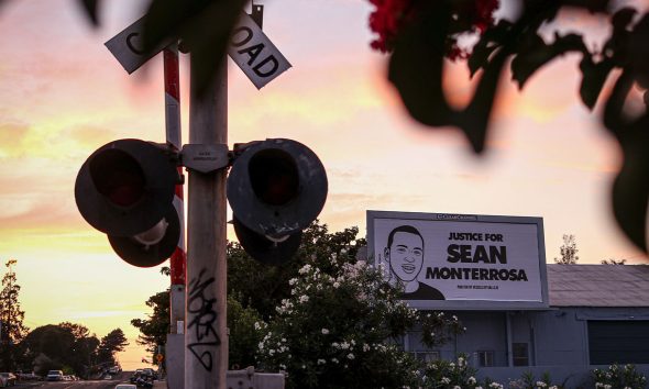A billboard near Vallejo Police Department with a sketch of Sean Monterrosa and a message “Justice for Sean Monterrosa” unveiled on Sept. 27, 2020, in Solano County, Calif. (Harika Maddala/ Bay City News)
