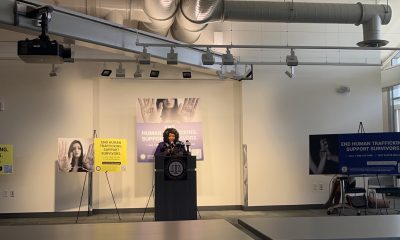 Alameda County District Attorney Pamela Price speaks at a press conference Tuesday where her office unveiled the anti-trafficking billboards. Photo by Magaly Muñoz.