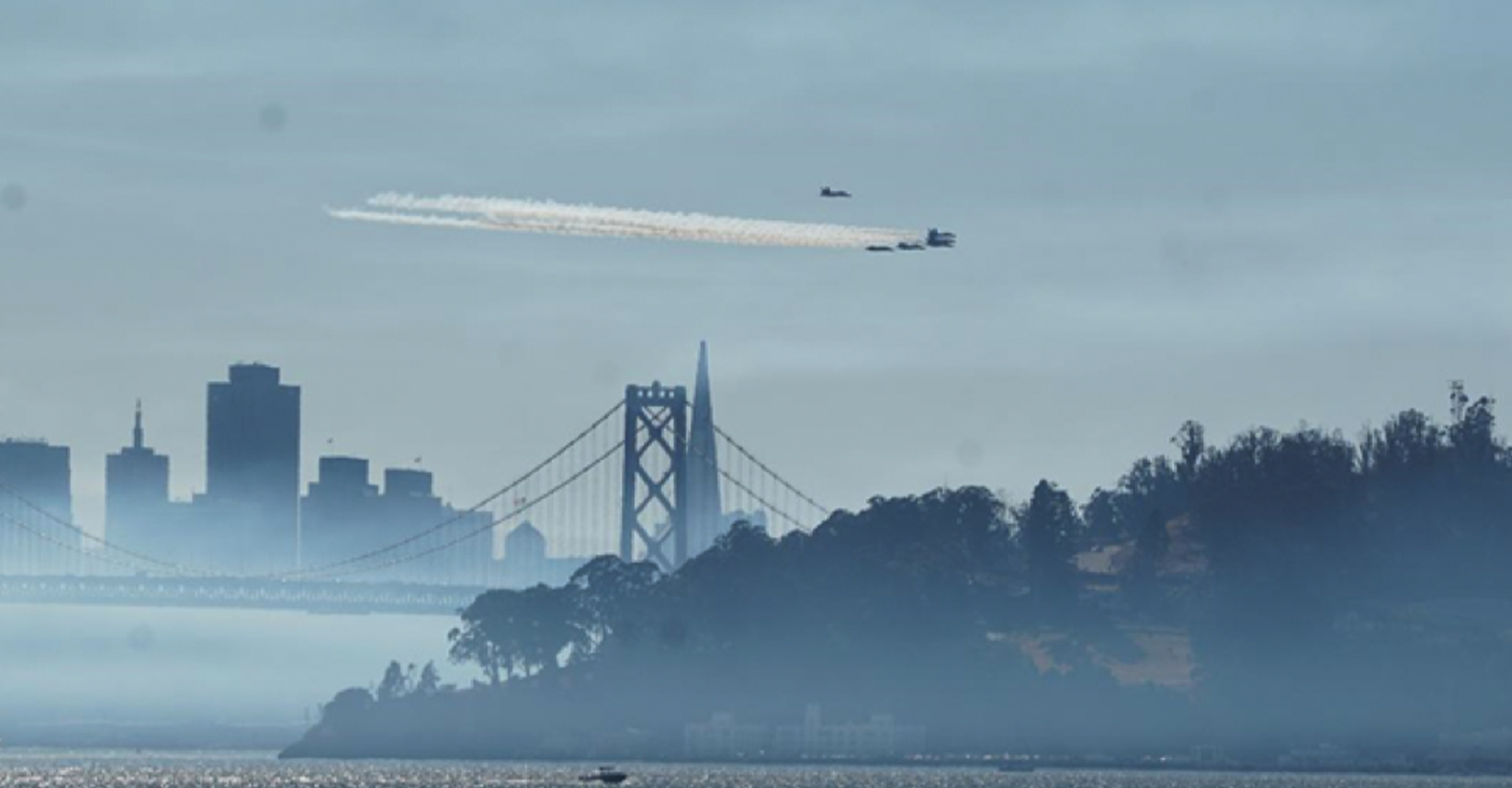 U.S. Navy Blue Angels Aerial Demonstration Team performing over San Francisco Bay. Fleet Week 2023. Photo by Gene Hazard.