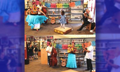 Top from left: Saúl Sierra-Alonso, Arwen Lawrence, Jamine Brook try out dancing with Jorge Liceaga. Bottom from left: Library staff members Amana Kondrashova and Jay Avalos dance, at the left side of photo, to the music of Cascada de Flores. Photo by Godfrey Lee.