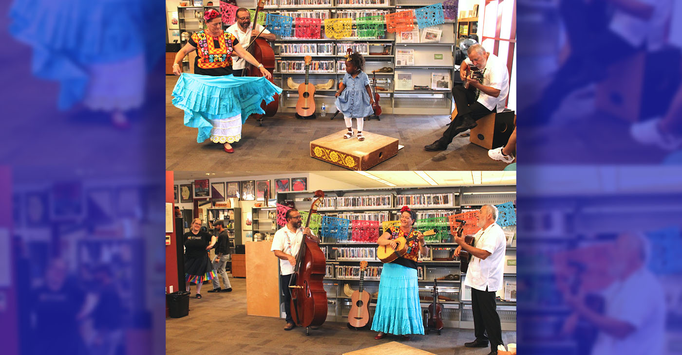 Top from left: Saúl Sierra-Alonso, Arwen Lawrence, Jamine Brook try out dancing with Jorge Liceaga. Bottom from left: Library staff members Amana Kondrashova and Jay Avalos dance, at the left side of photo, to the music of Cascada de Flores. Photo by Godfrey Lee.