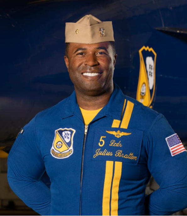 Lieutenant Commander Julius Bratton is the solo leader of the 2023 Blue Angels team. He pilots aircraft number 5. Photo courtesy of the US Navy.