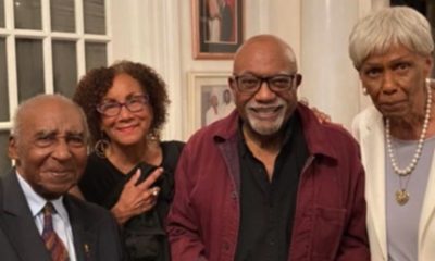 (Left to right) Wilfred Tibbs Ussery at his 95th birthday celebration at Geoffrey’s Inner Circle in Oakland, Mrs. Gay Plair Cobb, Dr. Paul L. Cobb, and Mrs. Maxine Ussery. Photograph by Conway Jones.