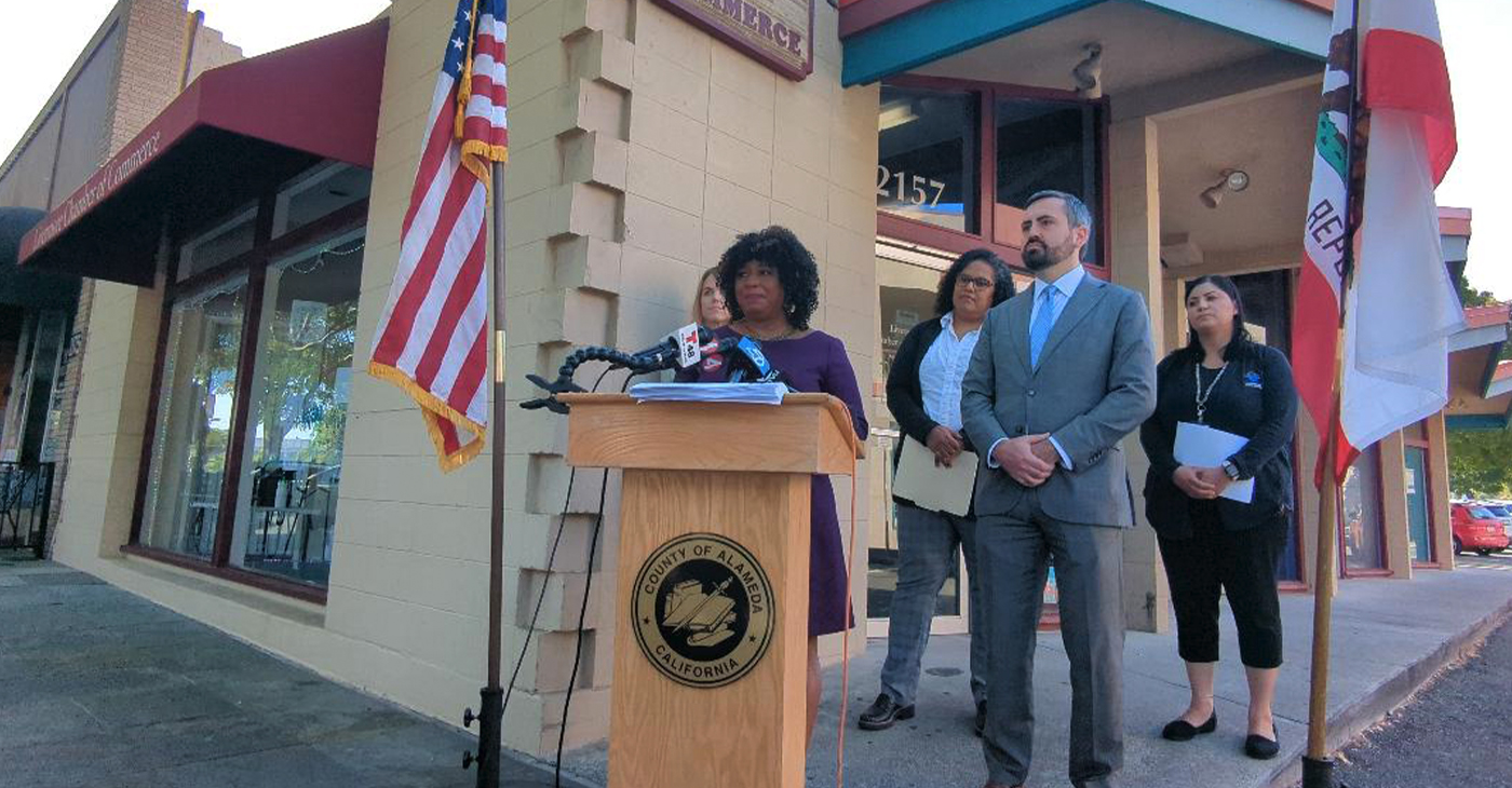 District Attorney Price (center) is joined by Deputy District Attorneys Alexandra Grayner and Gabriel Markoff as well as by representatives from the Livermore Valley Joint Unified School District. Photo by Austin Bruckner.