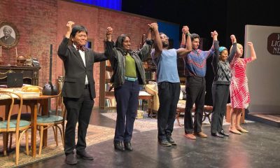 Emil Guillermo, left, takes a bow after the performance of a play by Oakland’s Ishmael Reed at the Theater for the New City in New York. Courtesy photo.