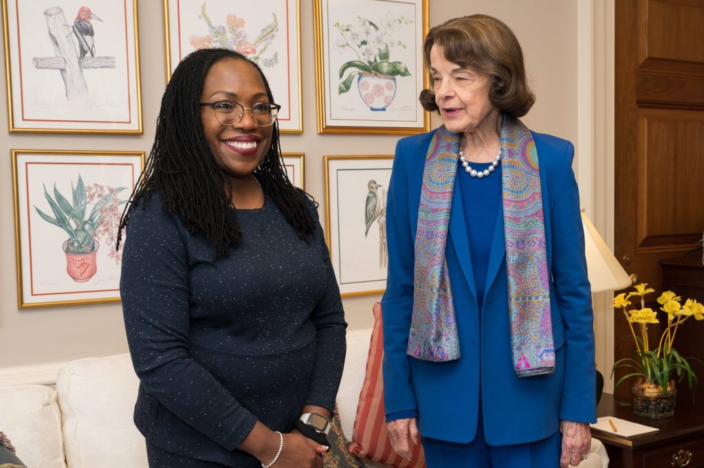 Sen. Dianne Feinstein, right, met with U.S. Supreme Court nominee Ketanji Brown Jackson in March 2022. Facebook photo.