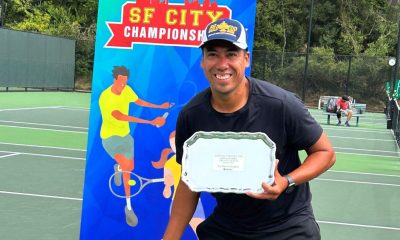 Fernando Ramos, a physical education teacher in Richmond, holds his prize after winning the San Francisco City Championships NTRP Gold Cup series tournament. Photo courtesy The Richmond Standard.