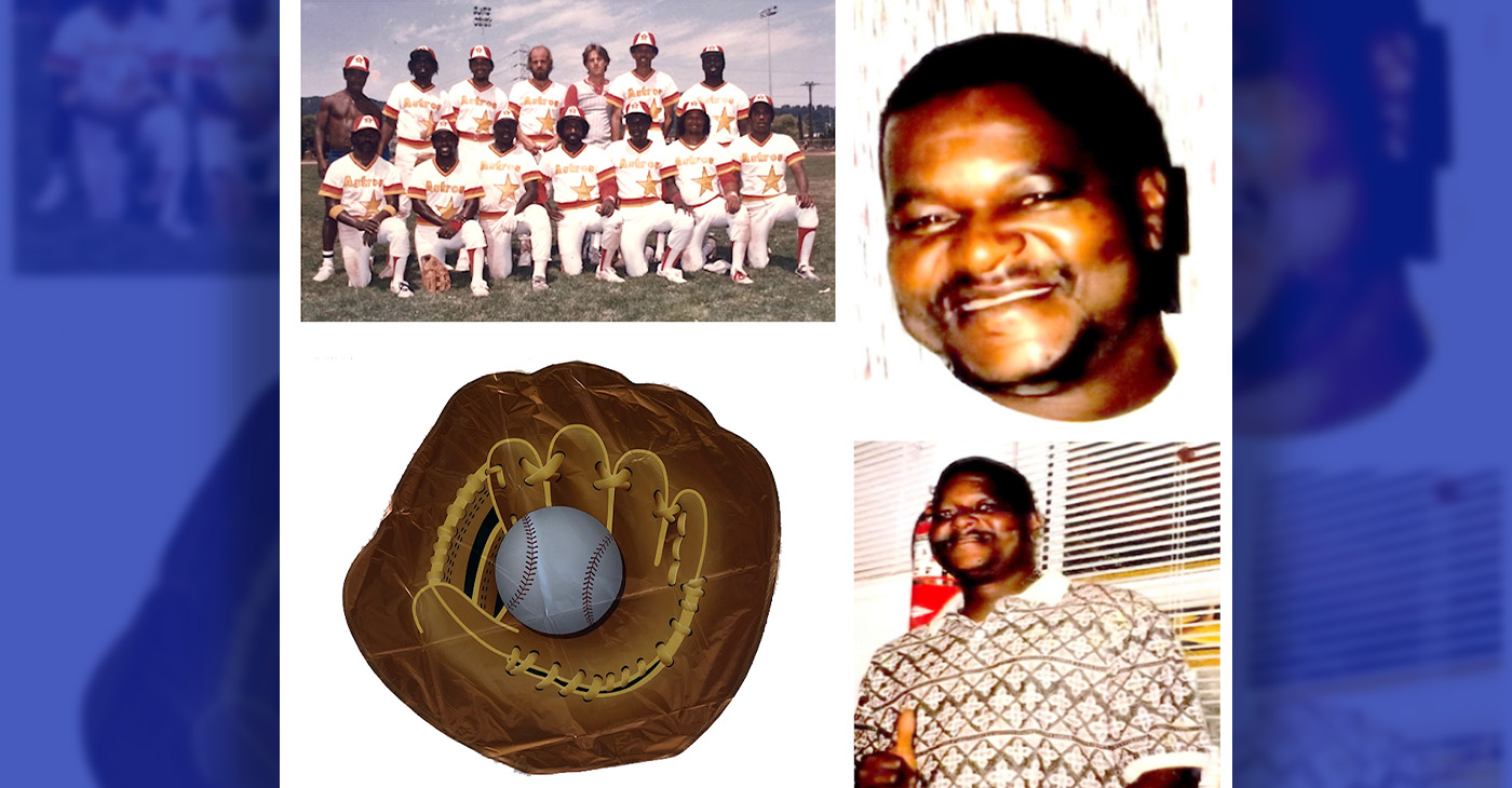 Left side: Photo of the Astros baseball team above glove and ball. Right side: Leevester “Chubby” Hall (from the program).