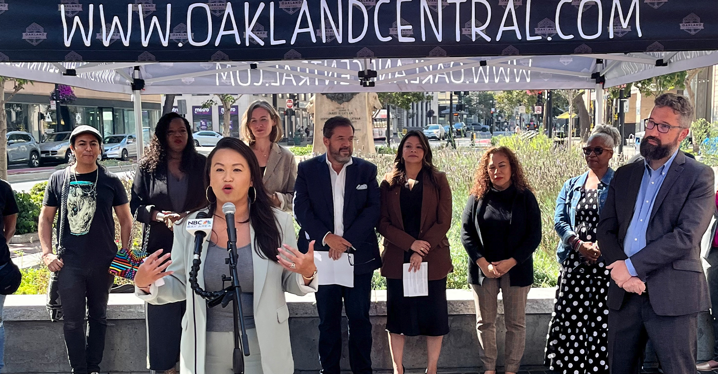 Oakland Mayor Sheng Thao opens remarks at a press conference in Latham Square at 15th and Broadway announcing funding for the city’s artists and others to provide activities along main thoroughfares. Photo by Jonathan ‘Fitness’ Jones.