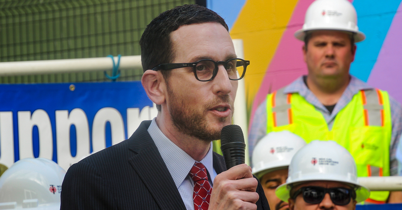 State Sen. Scott Wiener wants a streamlined approval process for all mixed-income housing projects in California, he said at a San Francisco press conference on Feb. 13, 2023. (Olivia Wynkoop / Bay City News)