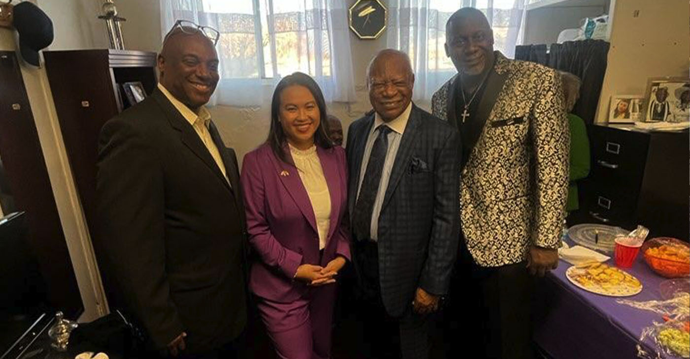 (l-r) Pastor Ray Lankford, Mayor Sheng Thao, Rev. Joe Smith and Rev. Lawrence Van Hook gathered in Smith’s office prior to her speech at new Hope Baptist Church to pray for peace and solutions for Oakland's citizens. Photo by jonathanfitnessjones@gmail.com