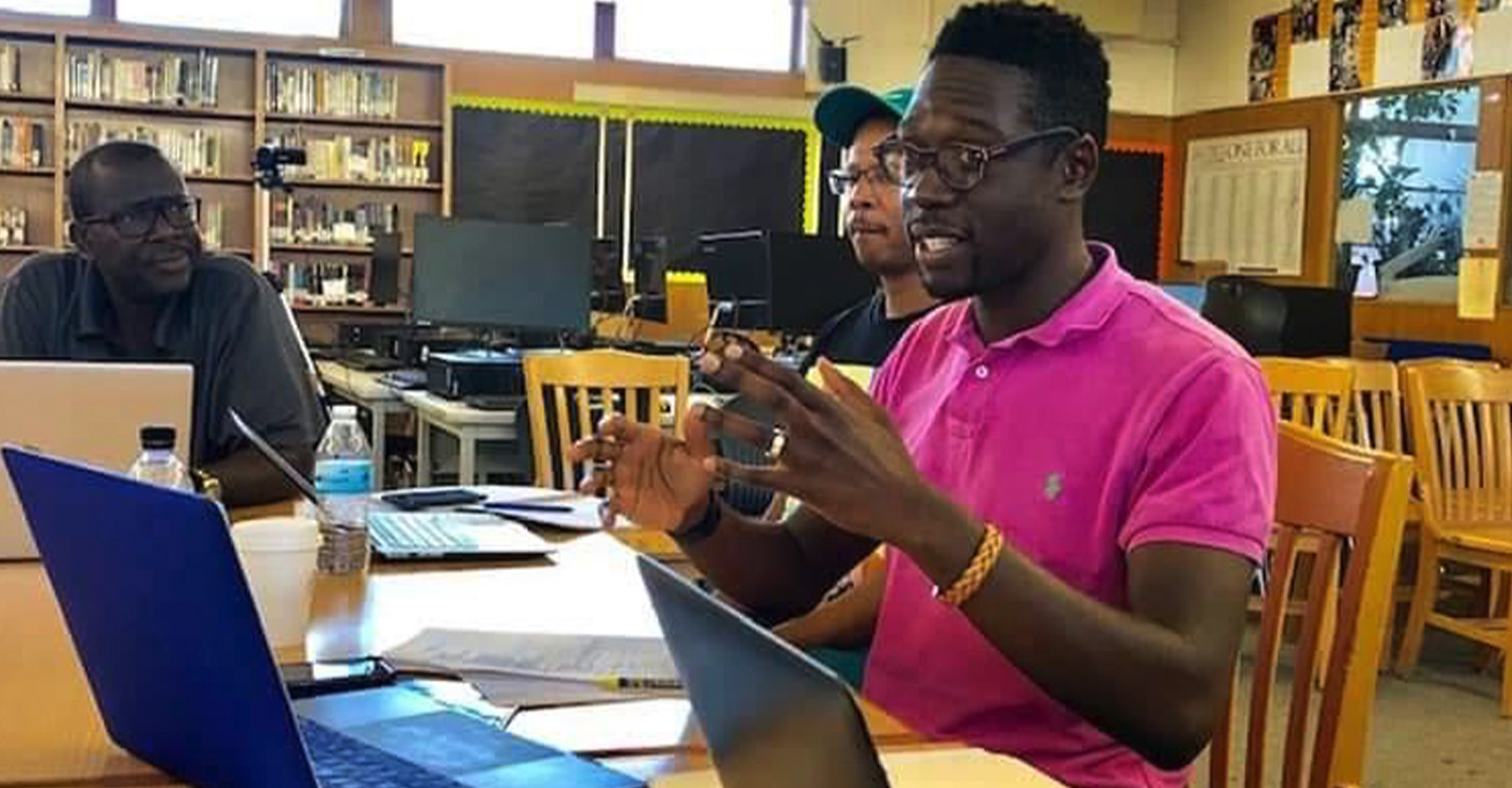 At Dominguez High School in Compton, University of California Berkeley professor Dr. Travis Bristol moderates a discussion about equipping Black teachers with the resources they need to be successful in the classroom. Photo courtesy of Travis Bristol.