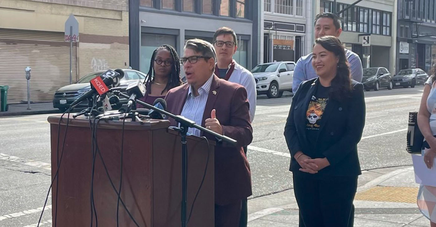 Oakland City Councilmember At-Large Rebecca Kaplan spoke at thepress conference in front of the Fox Theater. City of Oakland photo.