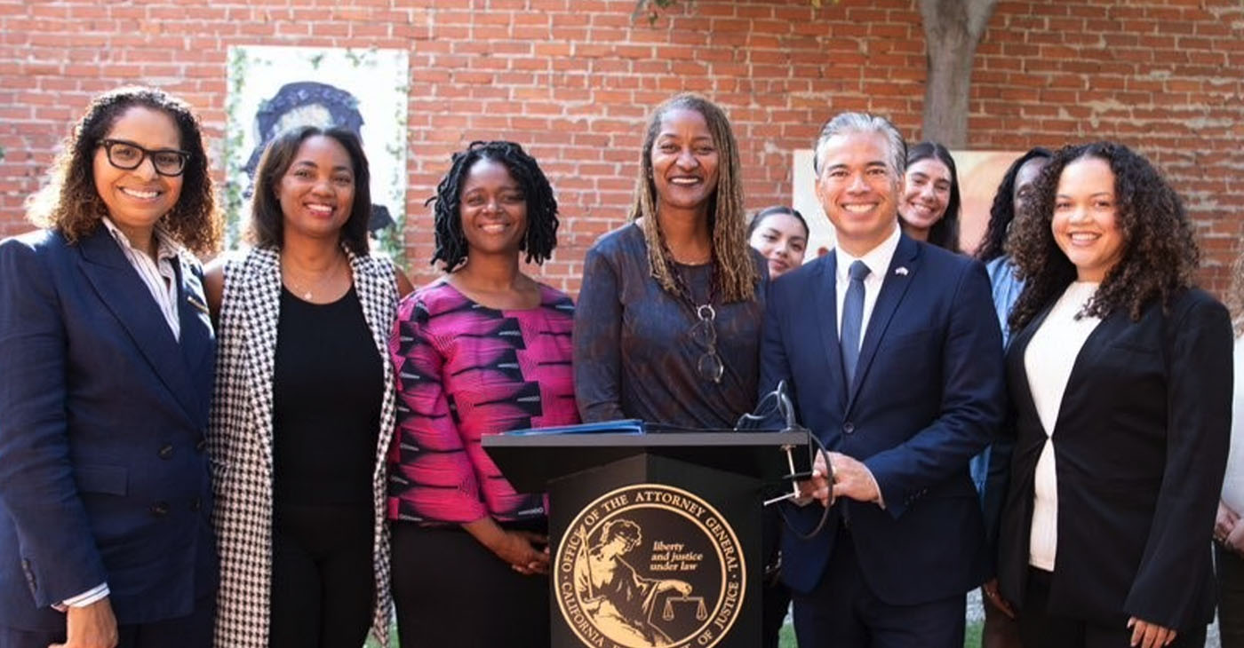 From Left to Right) U.S. Rep. Sydney Kamlager-Dove (D-CA-37), Assemblymember Akilah Weber (D-La Mesa), Sen. Lola Smallwood-Cuevas (D-Ladera Heights), L.A. County Supervisor Holly Mitchell, California Attorney General Rob Bonta and Gabrielle Brown, Black Women for Wellness Maternal and Infant Health Program Coordinator at a California Department of Justice press conference. Photo courtesy of the Office of the Attorney General, State of California.