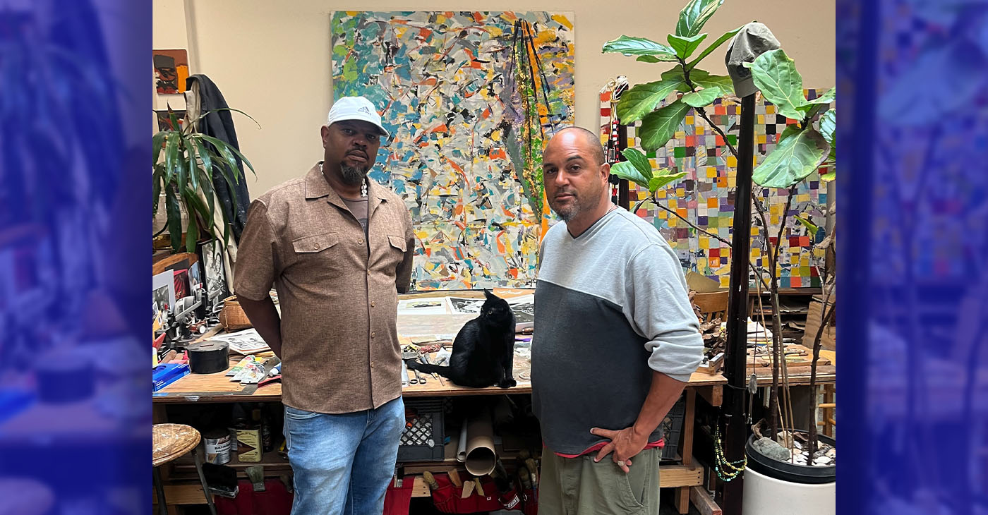 Tenants Doug Stewart (left) and Alistair Monroe in the studio of the late Arthur Monroe, who made the Cannery the site of Oakland’s first live-work space in Oakland. Photo by Magaly Muñoz.