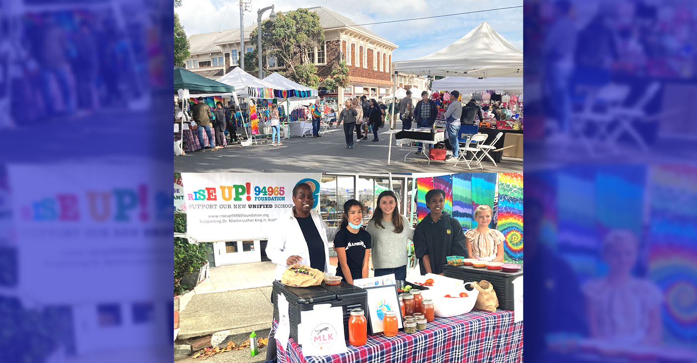 The Sausalito Art Festival near where the RISE UP! 94965 Foundation booth was located. Bottom: Michelle Bryant, Lily, Tessa, Porche, and Koralyn tending the table for the Dr. Martin Luther King Jr. Academy and RISE UP! 94965 Foundation. Photos by Godfrey Lee.