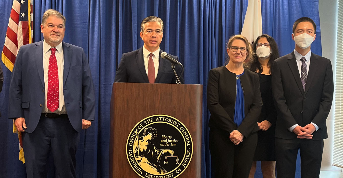 California Attorney General Rob Bonta stands with his legal team at a press conference on Tuesday, December 19 to announce a $700 million settlement with Google for anti-competitive practices in their Play Store. Photo by Magaly Muñoz