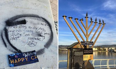 Chabad of Oakland’s menorah at Lake Merritt on Dec. 10, before it was vandalized (right) and graffiti left where the menorah stood before it was pulled down. (Photos/Courtesy Chabad of Oakland)