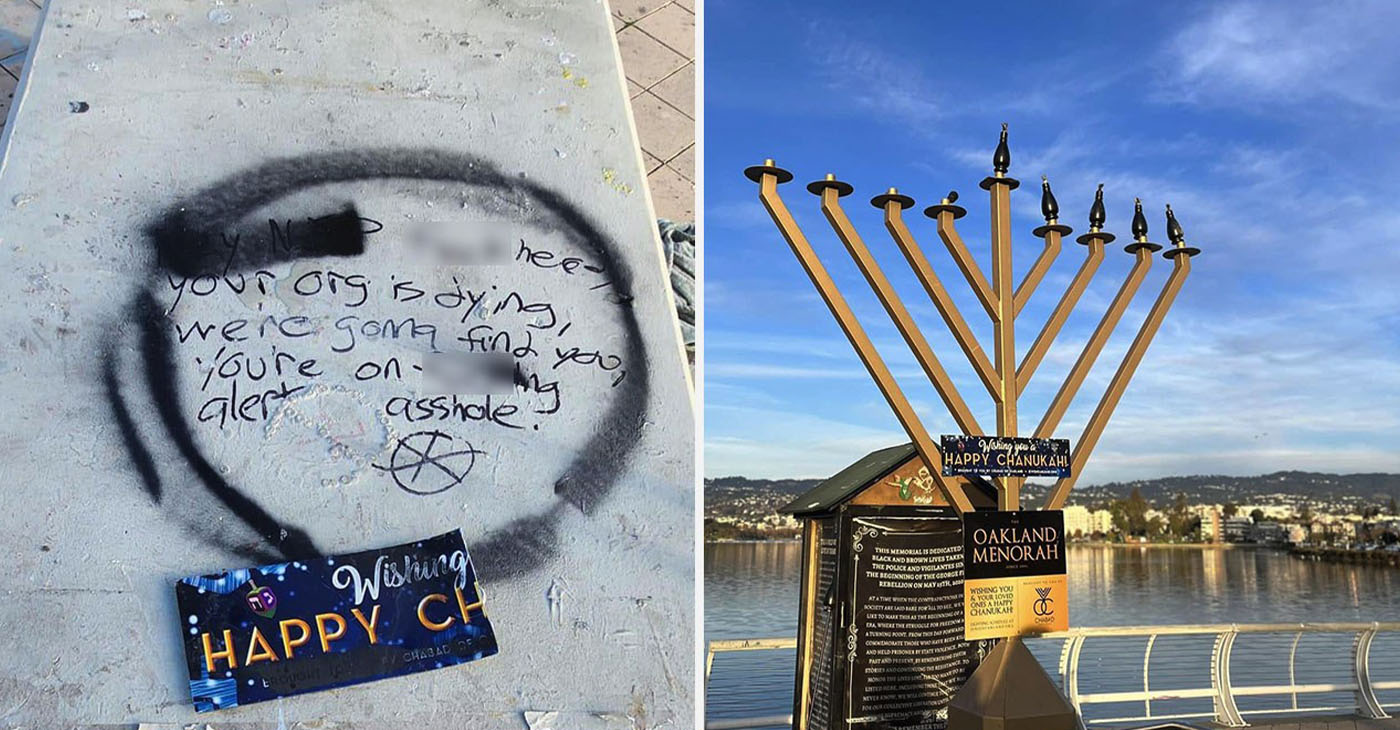 Chabad of Oakland’s menorah at Lake Merritt on Dec. 10, before it was vandalized (right) and graffiti left where the menorah stood before it was pulled down. (Photos/Courtesy Chabad of Oakland)