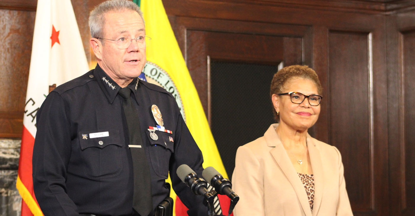 Los Angeles Mayor Karen Bass Announces Police Chief Michel Moore’s Retirement Photo by Lila Brown.