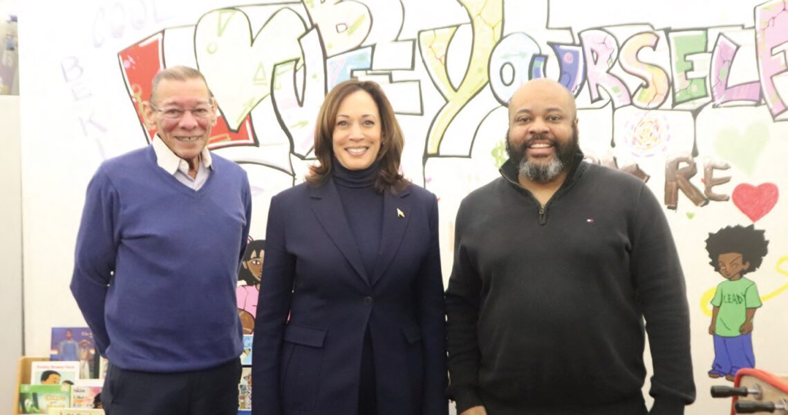 Vice president of the United States Kamala Harris, with New Pittsburgh Courier editor and publisher Rod Doss, left, and Courier managing editor Rob Taylor Jr. Harris held an in-person exclusive interview with The Courier on Feb. 20, 2024, at the Kingsley Association in East Liberty.