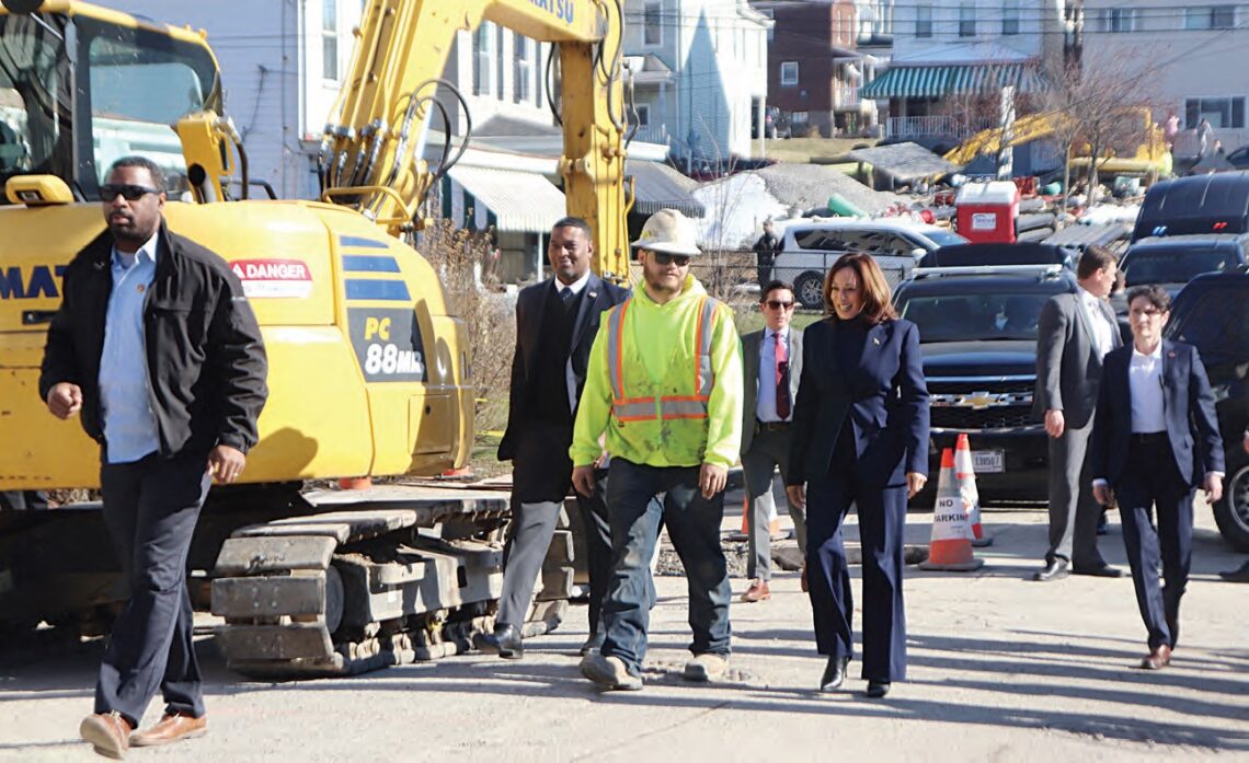 Vice President Kamala Harris makes a stop in Pittsburgh’s Elliott neighborhood to witness lead pipe replacement at work, Feb. 20, 2024. (photo by Rob Taylor Jr.)