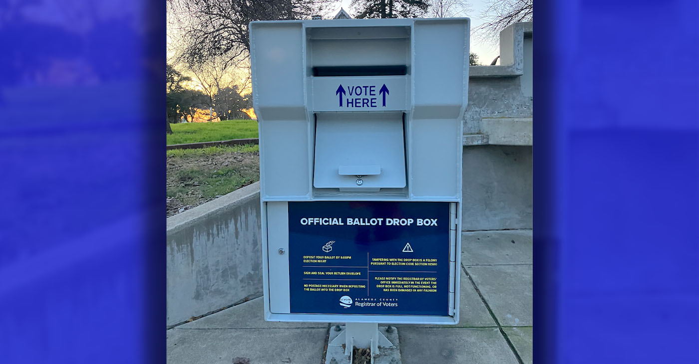A ballot drop box sits in West Oakland. Feb. 12. Photo by Zack Haber 