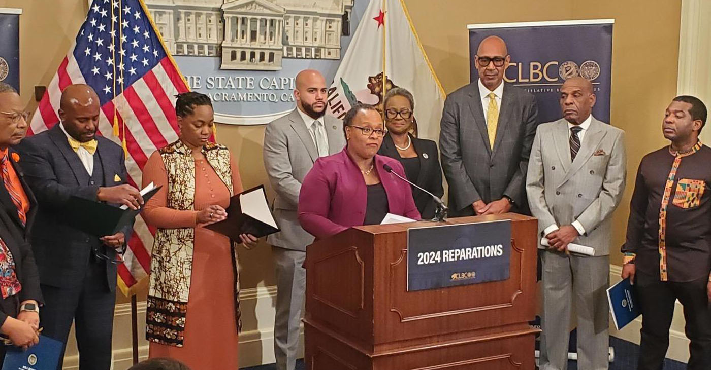 Assemblymember Lori Wilson (D- Suisun City) speaks at the press conference with all CLBC members in attendance discussing their 2024 Reparations legislative priority bills. Photo by Antonio Ray Harvey California Black Media.