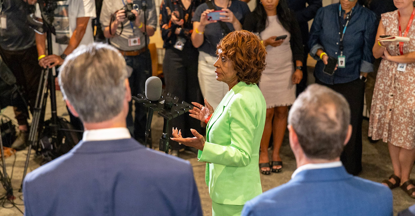 Congresswoman Maxine Waters speaks to the media following the press conference, Aug. 14. CBM photo by Maxim Elramsisy.