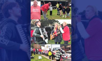 From top left: Pastor David Hall asking the children what they want to be when they grow up. Worship team Jake Monaghan, Ruby Friedman, and Keri Carpenter. Children lining up to receive their presents. Photos by Godfrey Lee.