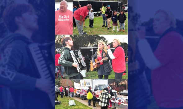 From top left: Pastor David Hall asking the children what they want to be when they grow up. Worship team Jake Monaghan, Ruby Friedman, and Keri Carpenter. Children lining up to receive their presents. Photos by Godfrey Lee.