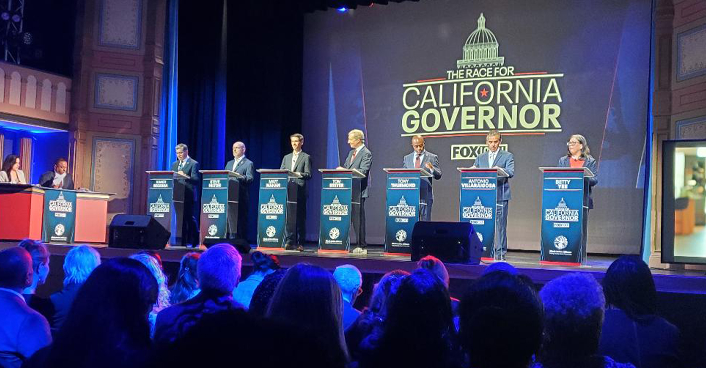 The gubernatorial debate was hosted by KTVU’s Greg Lee, KTTV’s Marla Tellez and KTVU’s Andre Senior. The candidates are (l.-r.): Xavier Becerra, Steve Hilton, Matt Mahan, Tom Steyer, Tony Thurmond, Antonio Villaraigosa, and Betty Yee.