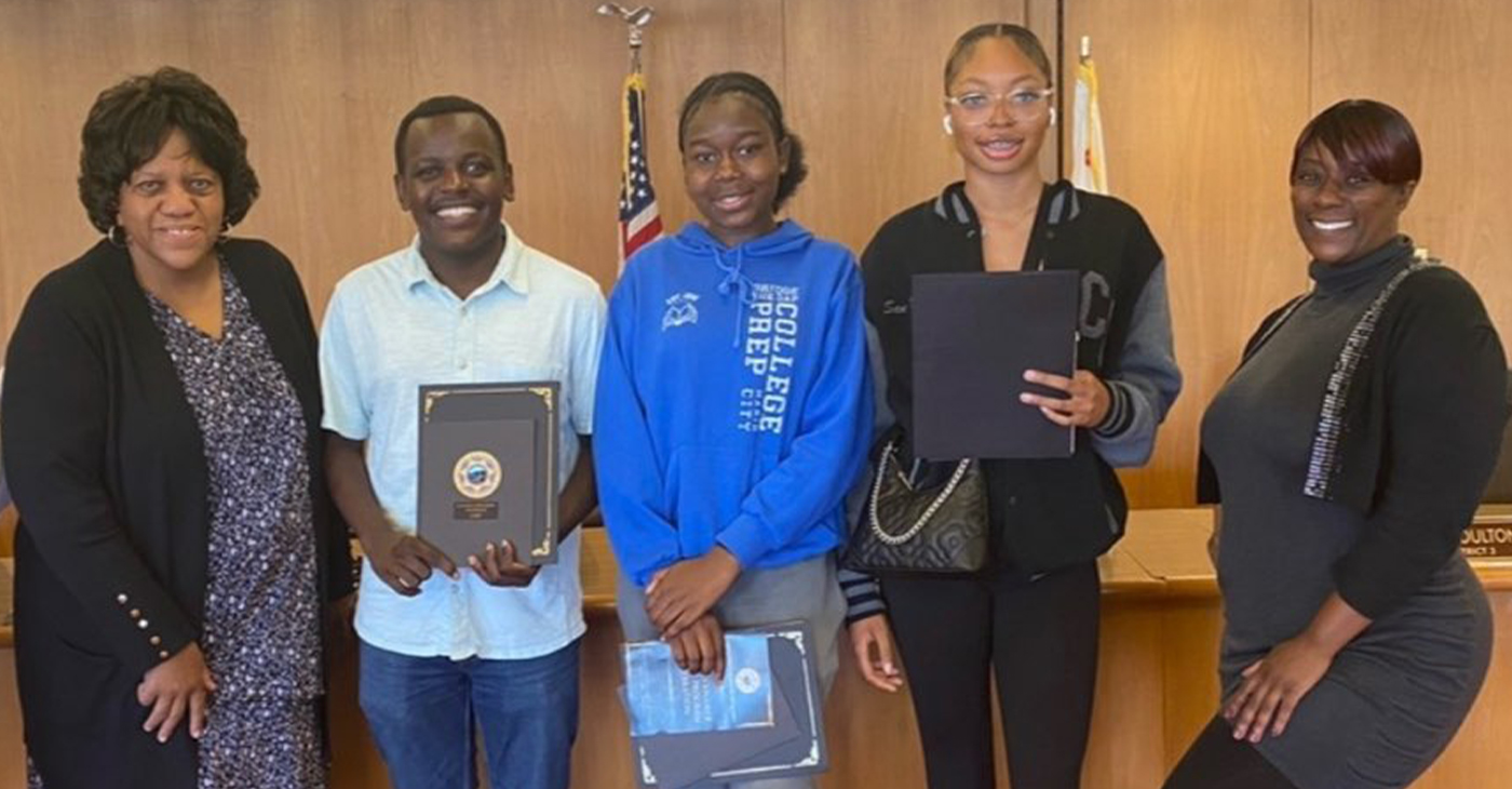 Marin City community leaders (l.-r.): Terrie Green, executive director of Marin City Climate Resilience (MCCR); Wambua Musyoki, Stanford University; Khamil Callahan, Santa Rosa Junior College; Serenity Allen, Xavier University; and Chinaka Green, MCCR associate director.