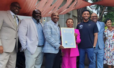 At D. Monaghan’s on the Hill, a resolution declaring April 9 ‘100 Black Men of the Bay Area Day’ was witnessed by (l.-r.) 100 Black Men leaders Maurice Harold, Marco T. Lindsey, Danny Lee Williams, Oakland Mayor Barbara Lee, Oakland City Council President Kevin Jenkins, Port of Oakland Commissioner Derek Mohammad, and Oakland Councilmember Janani Ramachandran. Photo by Carla Thomas.