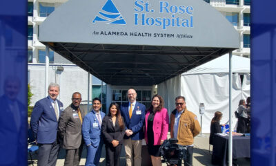 At St. Rose Hospital in Hayward, Alameda Health System and Stanford Announce Partnership.(L-R) Mark Fratzke, COO Alameda Health System (AHS), James Jackson, CEO AHS, Richard Espinoza, chief administrative officer AHS, California Assemblymember Liz Ortega (D-San Leandro), Rick Shumway, COO Stanford Health Care (SHC), Alameda County Supervisor Elisa Márquez, and Hayward Mayor Mark Salinas. Photo by Carla Thomas.