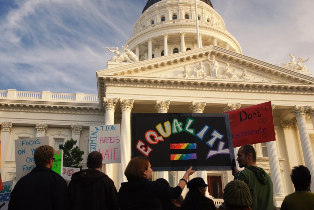 Californians protesting Prop 8, a 2008 ballot measure that would ban same-sex marriages in the state. EQCA would be instrumental in passing Proposition 3 in 2024, which would ensure same-sex couples retained the right to marry. Credit: ID 7261410 © Karin Hildebrand Lau | Dreamstime.com