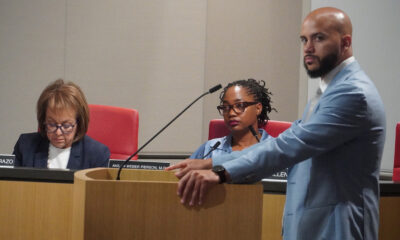 Asm. Isaac Bryan (D-Ladera Heights), at the podium, presents Assembly Bill 2599, the Truth in Disclosure Act, before the California Senate Judiciary Committee on June 24. The committee approved the measure on an 11-1 vote. The bill would require major corporations doing business in California with more than $100 million in annual worldwide gross receipts to search their historical records and submit sworn affidavits disclosing any ties to chattel slavery. Seated on the committee are Sen. Maria Elena Durazo (D-Los Angeles), left, and California Legislative Black Caucus Chair Sen. Akilah Weber Pierson (D-San Diego). CBM photo by Antonio Ray Harvey.