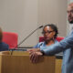 Asm. Isaac Bryan (D-Ladera Heights), at the podium, presents Assembly Bill 2599, the Truth in Disclosure Act, before the California Senate Judiciary Committee on June 24. The committee approved the measure on an 11-1 vote. The bill would require major corporations doing business in California with more than $100 million in annual worldwide gross receipts to search their historical records and submit sworn affidavits disclosing any ties to chattel slavery. Seated on the committee are Sen. Maria Elena Durazo (D-Los Angeles), left, and California Legislative Black Caucus Chair Sen. Akilah Weber Pierson (D-San Diego). CBM photo by Antonio Ray Harvey.